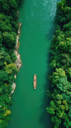 An overhead shot showcases a wooden boat navigating a vibrant, emerald-colored river. The image features dense, verdant trees lining both sides of the waterway, creating a sense of natural beauty. The composition, characterized by symmetry and bold colors, could be utilized in travel, tourism, or environmental publications.の素材