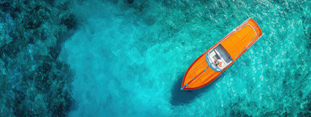 An overhead shot depicts an orange boat gliding on translucent turquoise water. The image features a vibrant color palette, emphasizing the contrast between the boat and the sea. This composition likely suits various applications, including travel, recreation, and vacation-themed projects. The clear water suggests a sunny environment.の素材
