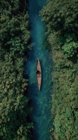 An overhead shot showcases a boat traversing a vibrant blue river, framed by dense green foliage. The scene features natural lighting and a symmetrical composition. This image could be suitable for editorial use, travel articles, or nature-themed commercial projects.の素材