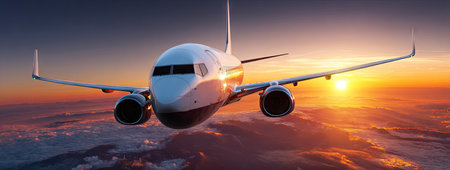 An airplane flies through the air, set against a stunning sunset backdrop. The scene features warm colors, with an emphasis on orange and purple hues. The composition may be suitable for various uses, including advertising, travel, and aviation-themed projects. The image evokes a sense of travel and transportation.の素材