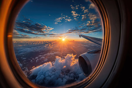 An aerial view from an airplane window shows a stunning sunset. The sky is a gradient of oranges and blues, reflecting on the puffy clouds below. The composition highlights the wing and engine against the colorful sky, suggesting a travel theme for various commercial applications.の素材