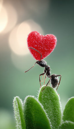 An ant is depicted balancing a red heart-shaped object atop a green plant. The photograph showcases soft focus with a shallow depth of field, highlighting the ant and the heart. The composition utilizes natural lighting in a blurred outdoor environment, possibly suitable for commercial and artistic projects.の素材
