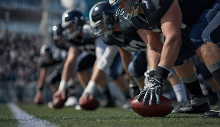 Football players are seen in a close-up perspective, lined up at the line of scrimmage. The image features players in dark uniforms, positioned on a green field. The composition includes a focus on the football and the players' intense expressions, suitable for athletic or competition-themed content. It could be used in sports articles or marketing materials.の素材