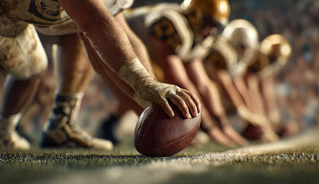 Football players are poised, focused on the play. A brown pigskin sits on the ground. The image shows the players from the chest down, focused on the ball. The environment looks like a professional stadium. This image would be suitable for sports-related marketing or editorial content.の素材