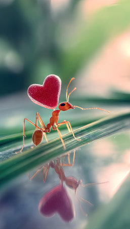 An ant is depicted balancing a heart-shaped object on its back, set against a blurred natural background. The image exhibits a macro perspective, showcasing the insect's detail with vibrant colors and soft lighting. This artistic composition could be suitable for various creative projects and editorial purposes.の素材