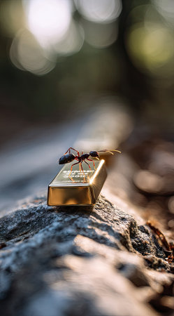 An ant is seen perched on top of a gold bar, resting on a rock. The image displays a shallow depth of field, with the background blurred, showcasing natural light and neutral tones. This composition could be suitable for illustrating concepts related to wealth, investment, or nature, and other commercial applications.の素材