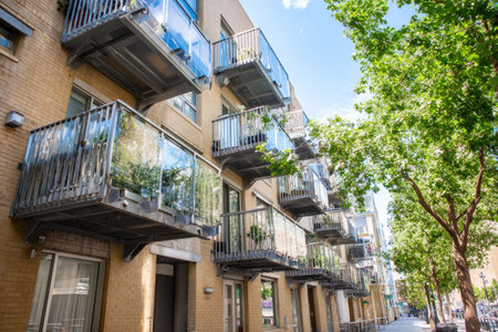 An apartment building features multiple balconies with glass railings, showcasing an architectural design. The scene is bathed in sunlight, highlighting the building's facade. Green trees line the street, adding a natural element to the urban setting. The image is suitable for various commercial or editorial applications.の素材