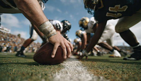 Two teams of football players face each other, hands close to the ball. The scene features vibrant green grass and a marked white line. Daylight bathes the action, illuminating the athletes and the composition suggesting competition. This image is suitable for sports-related articles and advertising.の素材