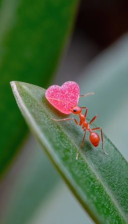 An ant is seen carrying a heart-shaped object on a vibrant green leaf. The image showcases the ant's efforts in a natural environment. The composition features a shallow depth of field, with a blurred background emphasizing the subject. The photograph could be useful for themes of love, nature, and concepts of labor.の素材
