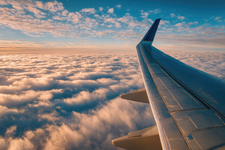 An airplane wing extends into a sea of clouds, viewed from above. The image showcases the wing's details against a backdrop of white and light clouds and a bright blue sky. Overhead lighting illuminates the scene, suggesting a daytime flight. This could be used for travel or aviation-related content.の素材