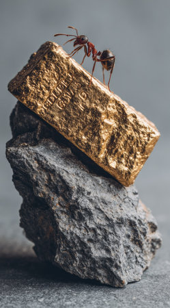 An ant stands on a gold bar balanced on a rough gray stone. The image features a close-up composition with a focus on textures and details. Soft lighting enhances the three-dimensional appearance of the objects. Suitable for illustrations related to wealth, labor, or economic concepts.の素材