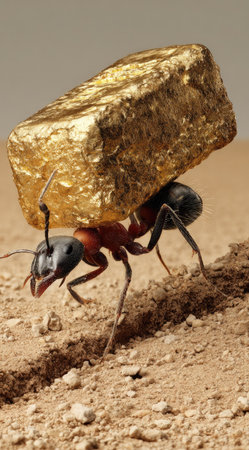 An ant is shown carrying a large, golden, rectangular object across a dirt surface. The image presents a close-up view with a shallow depth of field, highlighting the textures of the insect and the object. The lighting appears natural, suggesting an outdoor environment. This visual concept could be suitable for various commercial or illustrative applications.の素材