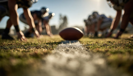 An American football game in progress is depicted with a close-up focus on the ball and the field markings. Players are seen in uniform, preparing to play. The scene is bathed in natural sunlight, with green grass and a bright, clear sky in the background. Suitable for sports-related editorial or commercial applications.の素材