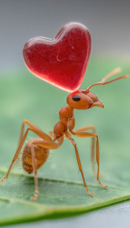 An ant is depicted balancing a red heart-shaped object on its head. The macro photograph highlights the insect's detailed structure against a blurred green leaf backdrop. The image utilizes shallow depth of field, natural lighting and could be used for conceptual or illustrative purposes.の素材