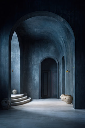 An interior image presents an arched passageway with steps leading up to an opening. The scene features textured walls and pots along the side. The composition utilizes a palette of muted blues and shadows. This design could be suitable for architectural, artistic, and design projects, as well as editorial applications.の素材