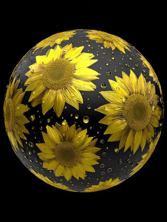 An artistic composition features a spherical form decorated with bright yellow sunflowers against a deep black backdrop. The image utilizes a digital illustration style with a focus on contrasting colors and textures. It may be suitable for decorative designs or abstract visual representations. The picture avoids any specific brand names.の素材