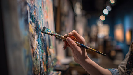 A close-up view depicts a hand using a paintbrush to create art on a canvas. The scene shows vibrant colors and brushstrokes. Soft lighting illuminates the workspace, suggesting an indoor setting. This image is suitable for various commercial uses, including advertising and editorial content.の素材