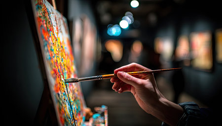 An artist's hand delicately holds a paintbrush, actively applying paint to a canvas on an easel. The artwork showcases vibrant colors and expressive brushstrokes. The image is composed with shallow depth of field, set in a dimly lit studio environment with paintings displayed, suitable for visual content use.の素材