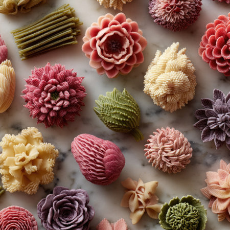 An overhead view displays an assortment of sculpted flowers featuring various shapes and textures. The composition showcases a diverse palette of colors, including pinks, greens, and creams, set against a neutral backdrop. Ideal for creative projects, these floral designs provide versatile imagery for different applications.の素材