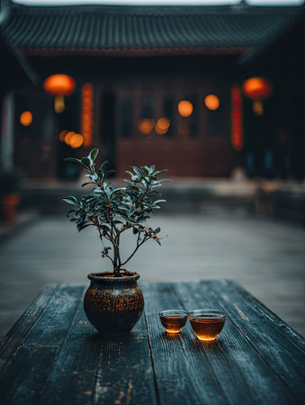 An overhead shot showcases a tea ceremony scene with a potted plant and teacups arranged on a wooden table. The muted color palette is enhanced by soft lighting. The image suggests a peaceful moment, perfect for conveying themes of culture and relaxation. Ideal for editorial and commercial applications.の素材