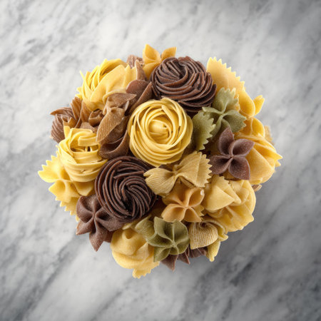 An overhead shot showcases an artful arrangement of various pasta shapes, including rotini, farfalle, and others, meticulously composed. The pasta presents a range of colors from yellow to brown and green. The background is a marbled surface. This image could be utilized for culinary and food-related purposes.の素材