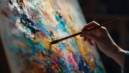 An artist's hand carefully applies paint to a canvas with a brush, creating colorful abstract artwork. The close-up captures the textured brushstrokes and interplay of colors. This image can be used for creative projects, illustrating the process of artistic creation and design concepts, potentially in a commercial setting.の素材