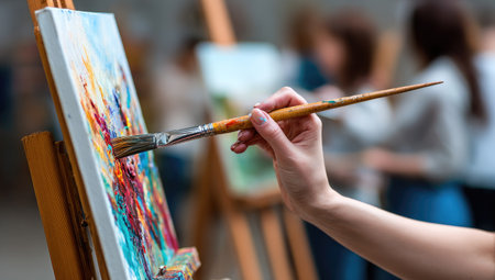 A close-up view depicts a hand using a brush to paint on a canvas. The image displays a palette of vibrant colors and textures. The composition features soft lighting with a shallow depth of field, hinting at an indoor setting possibly used for artistic or educational purposes.の素材