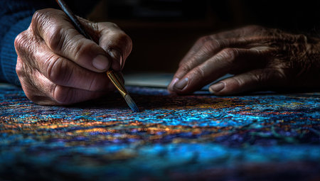 An artist's hands are captured as they paint, holding a brush over a canvas. The image displays a close-up of the brush and the artwork in progress, showing a vibrant blend of colors and texture. The lighting is focused, creating shadows. Suitable for use in art, design, and creative projects.の素材