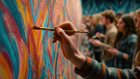 An artist's hand with a brush creates a vibrant abstract painting on a wall. The composition displays various colors and textures. A group of people observe in a well-lit indoor environment. This image could be useful for projects related to art, creativity, and artistic expression.の素材