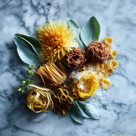 A top-down view showcases an arrangement of various pasta types with yellow flowers and green leaves. The composition features diverse shapes and textures, presented on a marble surface. The lighting is soft, emphasizing the natural colors. This image could be suitable for culinary, food styling, or artistic projects.の素材