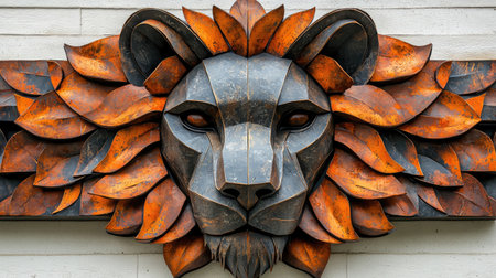 A striking lion sculpture is depicted, showcasing a detailed design and a blend of dark and autumnal hues. The artwork features an elaborate arrangement of elements, with a textured appearance. This image would be appropriate for editorial content, decorative designs, or commercial applications related to art, design, or historical themes.の素材