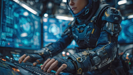 An astronaut is depicted interacting with a sophisticated computer system. The image showcases advanced technology with blue hues and digital displays. The composition highlights a futuristic setting, likely indoors, suggesting a control center environment. This image is suitable for various commercial uses related to technology, science, and exploration.の素材