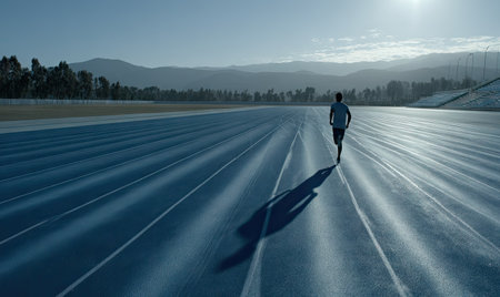A lone runner is captured in motion on a blue track. The scene is bathed in sunlight, suggesting an outdoor environment. The composition emphasizes the athlete's silhouette, with a shadow stretching across the track. This image could be used for promoting fitness, sports, or wellness.の素材