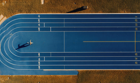 An aerial perspective showcases an athlete running on a vibrant blue track. The composition reveals clean lines and geometric shapes under direct sunlight. This dynamic scene suggests a sport or fitness theme and is suitable for various commercial uses, including fitness, health, and wellness campaigns.の素材