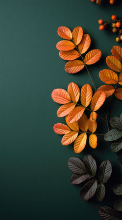 Close-up of colorful autumn leaves displays on a dark green backdrop. The leaves exhibit shades of orange and brown, with smooth textures. The composition employs a vertical format, potentially ideal for various commercial projects. The lighting appears soft and even, highlighting the vibrant hues. This image could serve uses across multiple applications.の素材