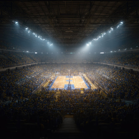 An overhead view reveals a basketball court bathed in light within a large arena. The scene showcases a crowd of people in the stands, with a focus on the court. Visual characteristics include a dark tone, overhead lighting, and the presence of people. This image could be used for various commercial and editorial purposes.の素材
