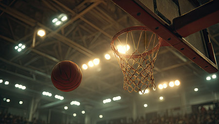 A basketball nears the hoop inside a brightly lit arena. The image features warm colors and a dynamic composition. The focus is on the ball and the net. This shot could be used for sports, competition, or game related media.の素材