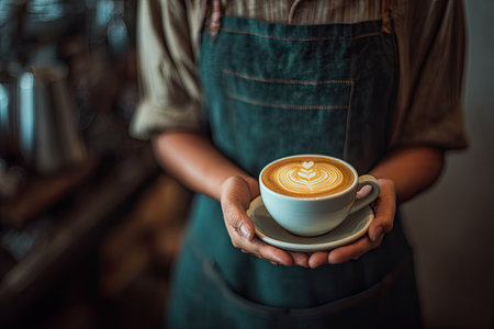 A close-up photograph displays a barista holding a cup of latte. The coffee features a heart-shaped design on the surface. The scene is illuminated with soft lighting, suggesting an indoor environment. This image could be used for advertising coffee shops or illustrating the preparation of the beverage.の素材