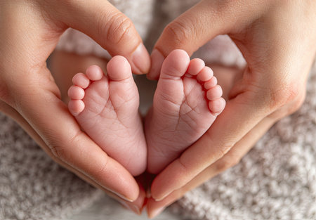 Small baby feet are cradled within hands, creating a heart shape. The close-up captures soft textures and warm tones. The lighting is soft and diffused. This image may be suitable for illustrating themes of love, family, infancy, and care. Potential uses span various creative and editorial applications.の素材