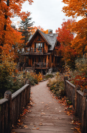 An inviting wooden cottage stands nestled amidst vibrant autumn foliage. The scene features warm color palettes of red and orange, creating a cozy atmosphere. A pathway with wooden railings leads the viewer into the frame, suggesting exploration and tranquility. The image may be used for various purposes like travel blogs, editorial content, and design projects.の素材