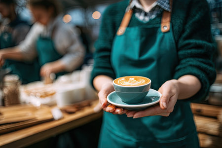 A barista is shown holding a cup of coffee with latte art in a cafe setting. The image showcases a teal cup and saucer with a coffee design, soft lighting, and a blurred background. This photograph could be utilized for various commercial and editorial purposes.の素材