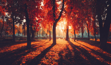 An autumn forest scene features trees with vibrant red foliage, illuminated by sunlight filtering through the branches. The composition highlights the trees and their shadows, creating depth and a sense of warmth. This image could be suitable for various uses, including editorial content or commercial projects related to nature and seasonal themes.の素材