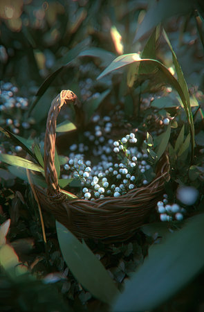 A woven basket holds numerous small white flowers, surrounded by vibrant green leaves and stems. The composition uses natural light creating soft shadows and highlights. This close-up shot emphasizes texture and depth, potentially suitable for botanical illustrations or decorative purposes. It may be used in projects related to nature or beauty.の素材