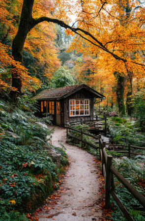 A charming cottage sits nestled amidst vibrant autumn foliage. Sunlight filters through the colorful canopy, illuminating the building and a winding path. The image features lush greenery, creating a peaceful atmosphere. Ideal for editorial use, this image could also enhance various commercial projects, evoking warmth and tranquility.の素材
