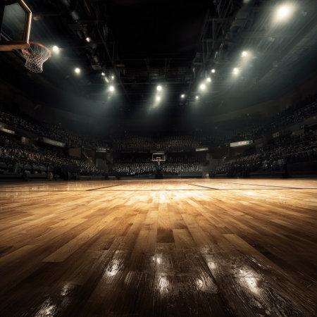 An indoor basketball court is seen from a low-angle perspective, emphasizing the wooden floor and overhead lighting. The composition features a symmetrical layout with the hoop centered. The lighting creates highlights and shadows, providing a dramatic effect. This image is suitable for sports-related marketing or editorial purposes.の素材