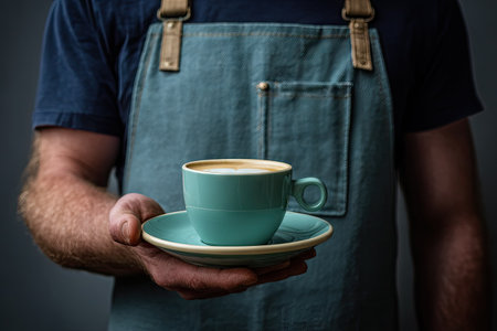 A person is holding a teal coffee cup and saucer, likely freshly prepared. The image highlights the cup's color and the barista's apron. The background is a consistent gray. The composition is likely for commercial and editorial purposes.の素材