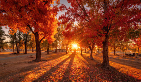 An image captures trees with vibrant red and orange foliage, illuminated by a setting sun. The composition highlights long shadows cast across the ground, creating a dynamic visual effect. Suitable for editorial purposes, the photograph evokes a sense of warmth and natural beauty, potentially ideal for various commercial applications.の素材