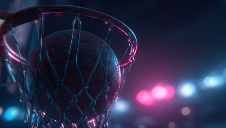 A close-up captures a basketball falling through a hoop, highlighted by vibrant blue and pink neon lighting. The image showcases the ball's texture, net details, and a blurred background suggesting a night game. This visual is suitable for commercial uses within sports, design, and illustrative contexts.の素材