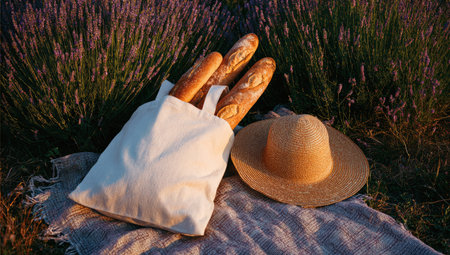 Three baguettes rest in a white tote bag with a straw hat beside them on a blanket. The scene is illuminated by sunlight, with vibrant purple lavender blooms forming a backdrop. The photograph suggests a picnic setting, evoking feelings of relaxation and leisure, suitable for various editorial and commercial applications.の素材