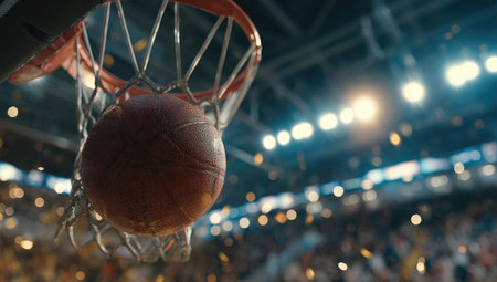 A close-up captures a basketball entering the hoop. The image showcases a ball with visible texture suspended in mid-air. The scene is illuminated by stadium lights, creating a dynamic composition with a blurred background. Suitable for promotional materials and editorial content focused on sports.の素材